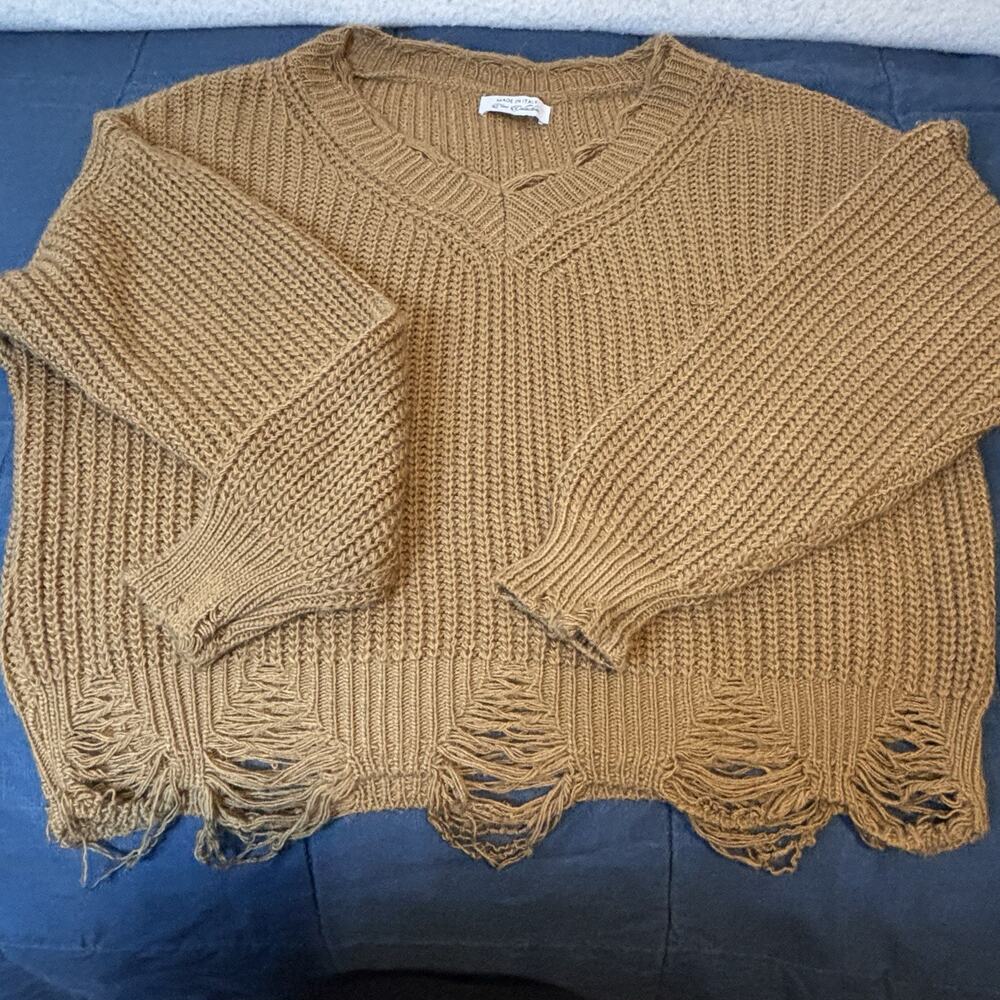 New Collection Made In Italy Distressed Cropped Sweater Mustard Medium M‎